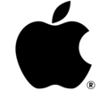 Czarno-białe logo Apple z nadgryzionym jabłkiem.