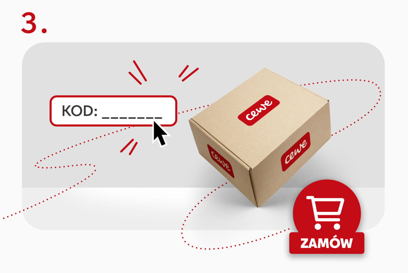 Opakowanie CEWE z pudełkiem i wskazówką dotyczącą wpisania kodu.