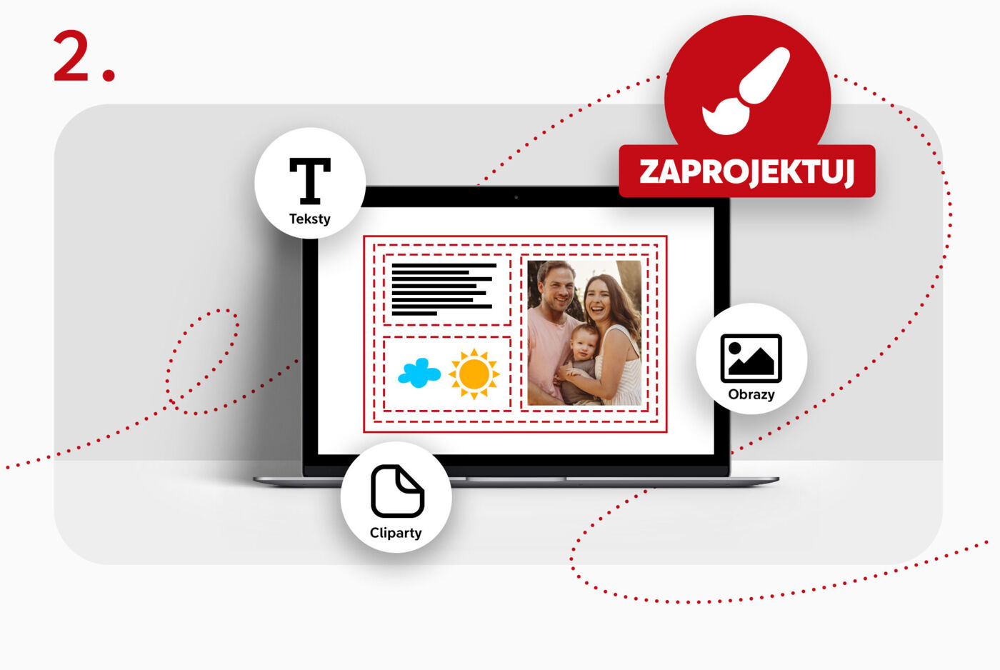 Laptop pokazuje projekt fotoksiążki z zdjęciami i tekstem.