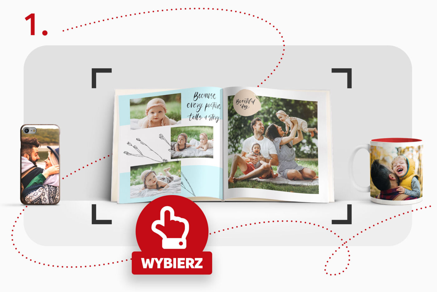 Na grafice widzimy otwartą fotoksiążkę z kolorowymi zdjęciami i wspomnieniami, obok telefon i kubek z wesołymi motywami.