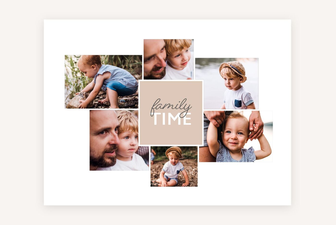 Biała fotoksiążka z kolażem rodzinnych zdjęć i napisem „family time” na środku.